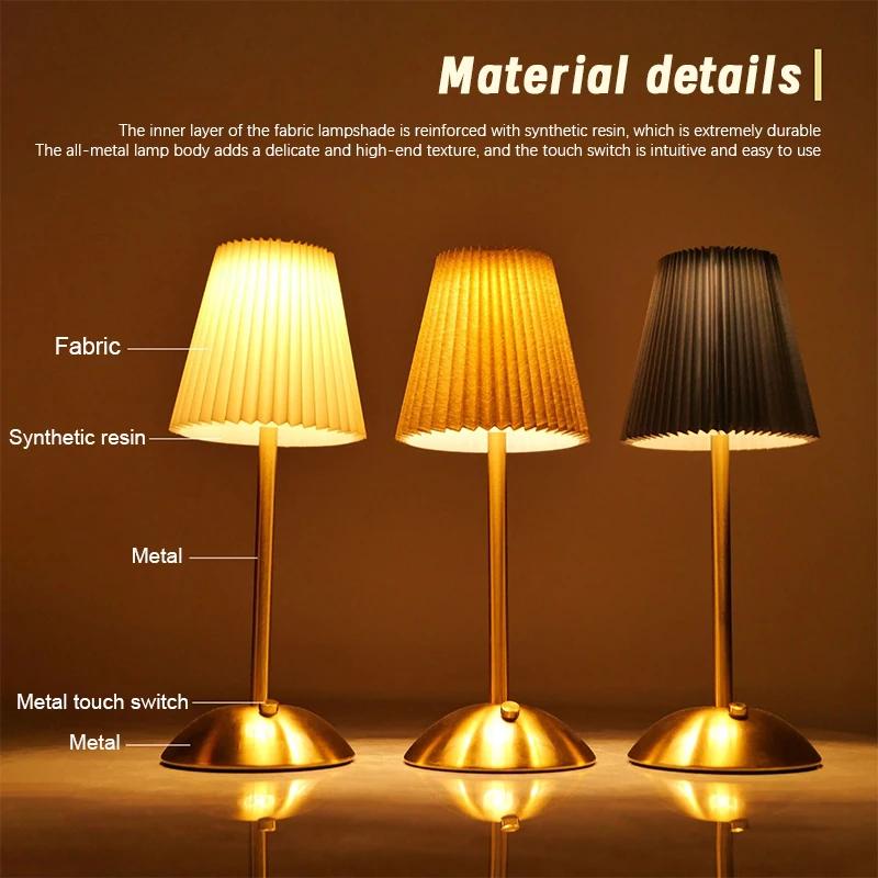 Rechargeable Small Pleated Table Lamp USB Nightstand Lamp Cordless Desk Lamp for Bedroom Living Room Home Bar Office Decor Lamp