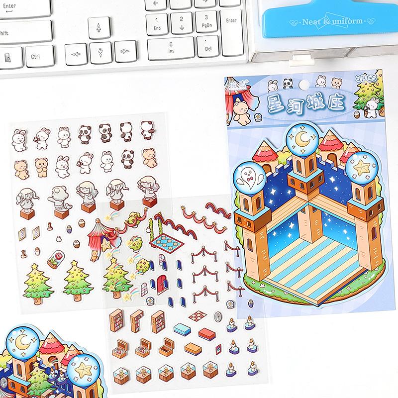 Kawaii Mini Cartoon Rainbow Castle Cabin Landscape Stickers Visual 3D Stacking Miniature Scene Pocket Cabin Children Stickers
