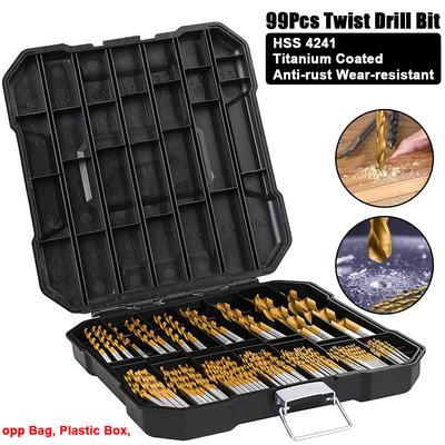 99pcs Twist Drill Bit Set,Anti-rust Wear,Bearing Steel ,Round Shank,Titanium,Woodworking Drilling Hole Tools,for Soft Metal&Wood