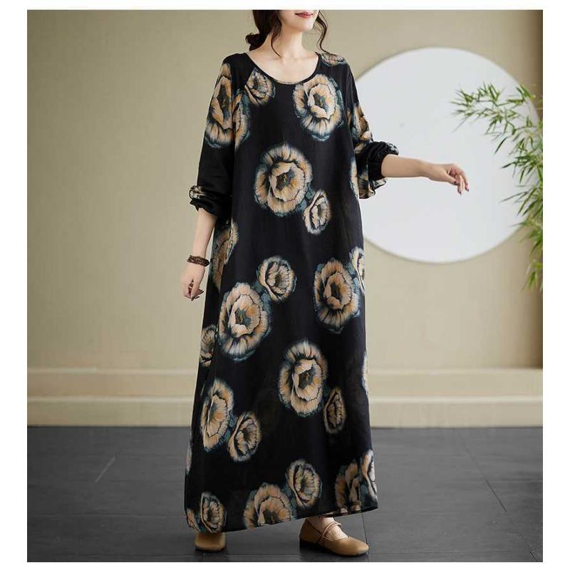Vintage Long Sleeve Age Reducing Plus Size Casual Long Dresses
