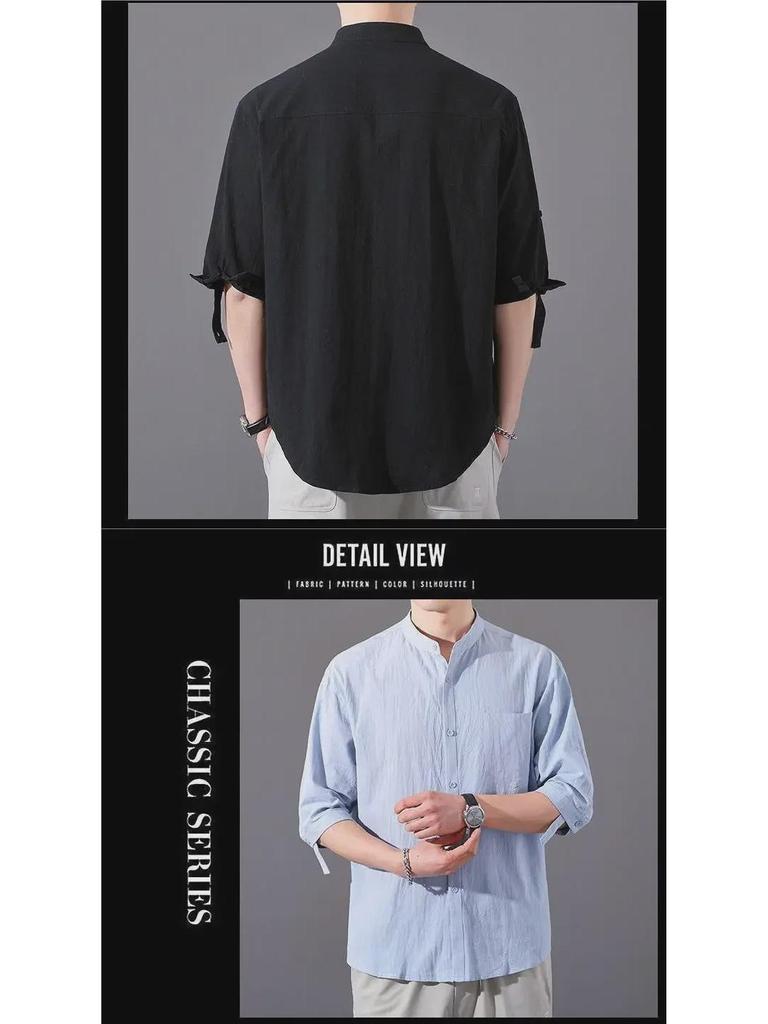 Men's Casual Cotton-Linen Shirt: Summer Lightweight, Loose Fit, Three-Quarter Sleeves