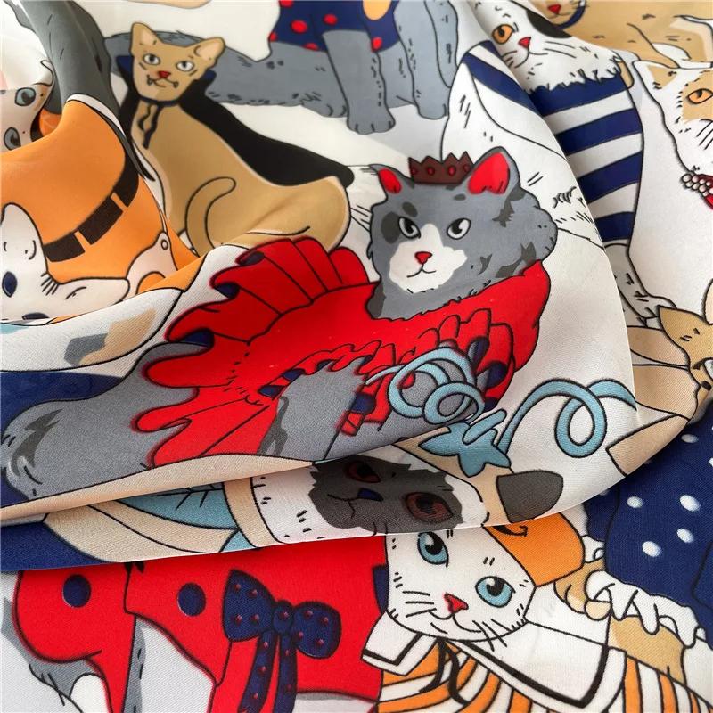 Luxury  Cartoon Cat Square Imitation Silk Scarf Spring And Summer Head Wrap For Women Multifunction Neckerchief