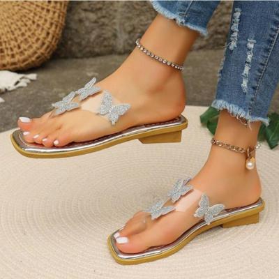 Mode Übergröße Flache Hausschuhe Sommer Neu Quadratischer Kopf Transparent Strass Schmetterling Sandalen Leichte Hausschuhe
