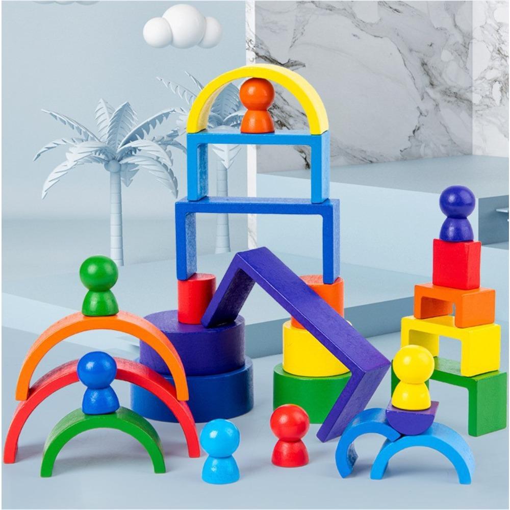 Children's Colorful Pebbles Rainbow Building Block Arch Bridge Villain Stacking Music Training Baby Hand-eye Coordination Wooden
