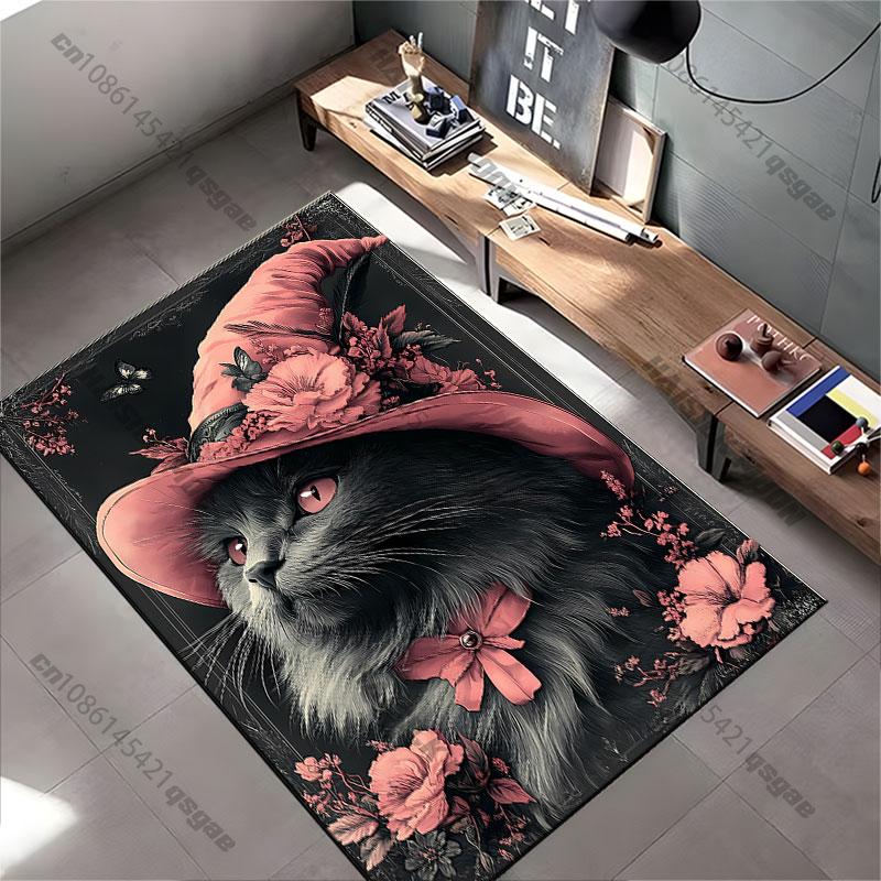Whimsical cat adorned with flowers carpet Yoga living room room decor children's crawling mat doormat area rug games mat
