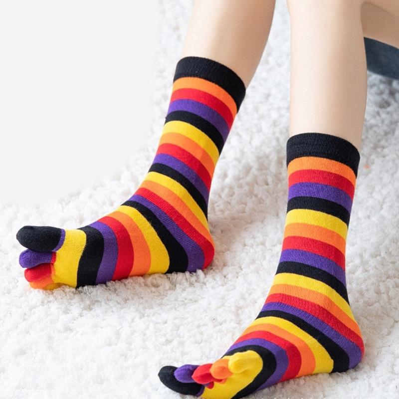1 Pair Rainbow Toe Socks Colorful 5 Toe Calf Socks Rainbow Striped Leg Warmers Funny Long Toe Socks for Women and Girls