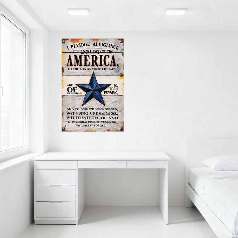 Vintage Distressed Wooden Plank American Flag Pledge Parody Metal Tin Sign, Humorous Misspelled Pledge of Allegiance Wall Decor