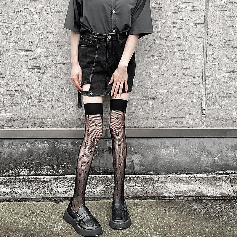 Polka Dot Fishnet Socks Spring And Summer Thin Socks Women'S Sexy Lace Knee Socks Hollow Solid Color Stockings Cross-Border Wholesale