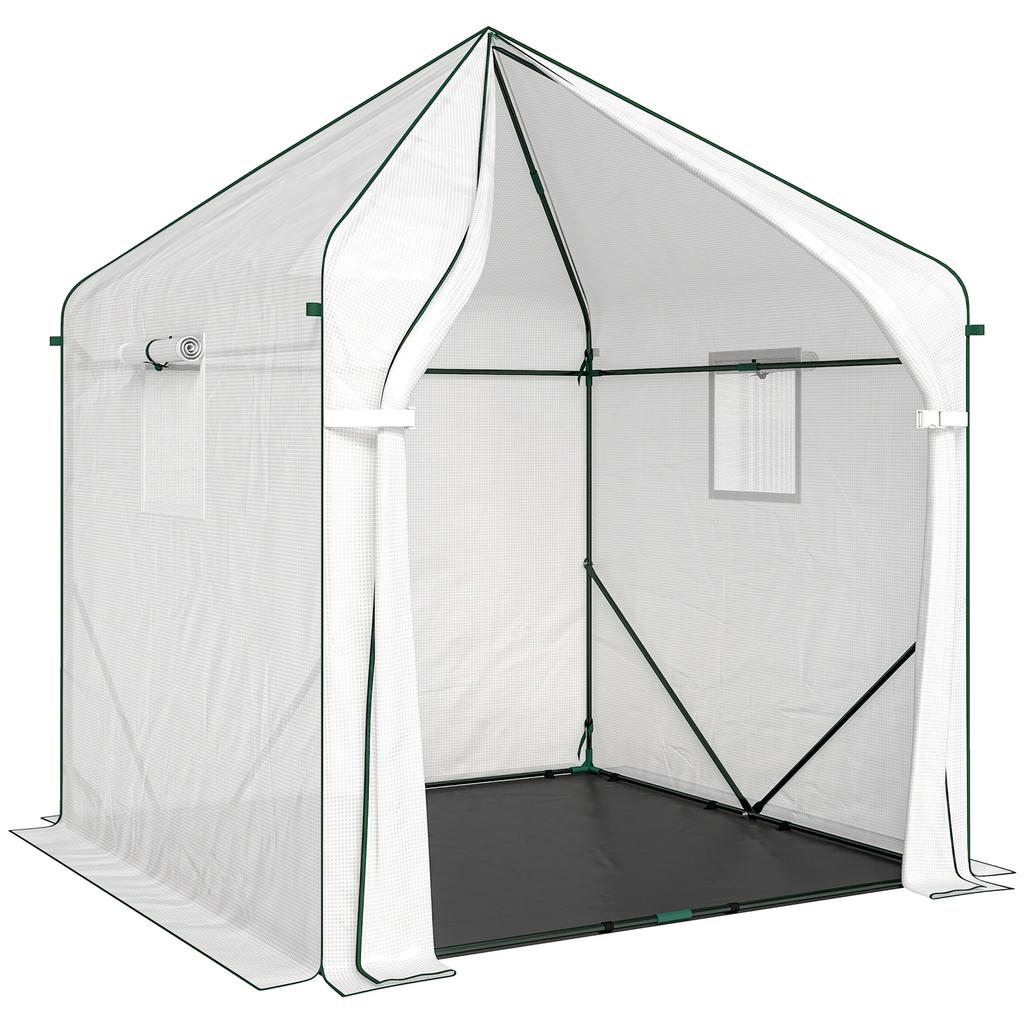 Walk-in Greenhouse for Outdoors with Steel Frame, Large Plant House with Roll-up Door and PE Ground Cover, White