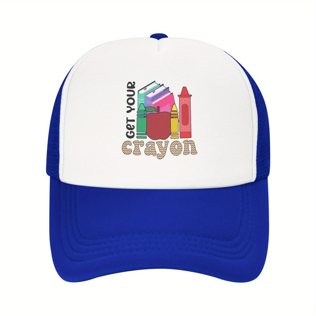 Get Your Crayon Teacher Books Graphic Trucker Hat Mesh Back Baseball Cap Casual School Headwear