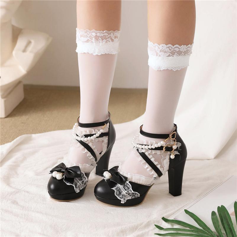 FOREADA Women Kawaii Mary Janes Pumps Round Toe Glove Shoes Thick High Heels Lolita Buckle Bow Ladies Fashion Cosplay Shoes Spring Autumn