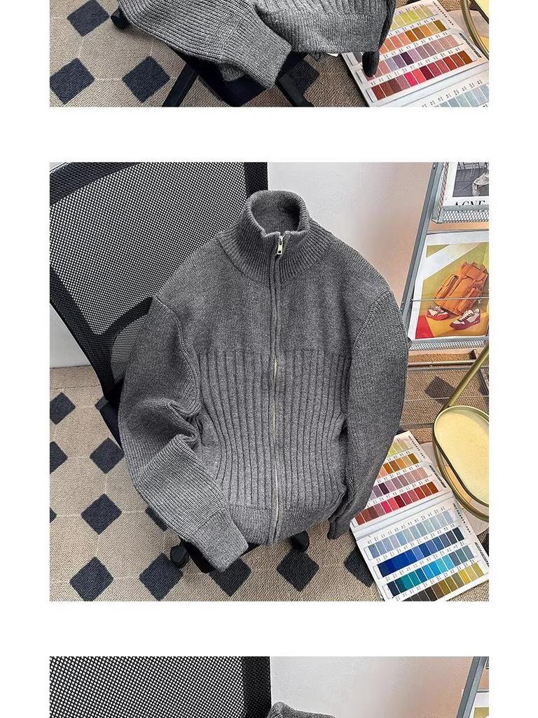 Men's Thick Knit Zipper Sweater - Solid Color, Half-High Collar, Autumn/Winter Pullover, Loose Fit Floral Thread Design