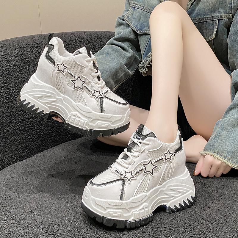 11CM High Heels Autumn Chunky Sneakers for Women Platform Sports Mesh Shoes Spring Woman Lace-up Thick Bottom Dad Shoes Ladies