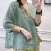 V Neck Chinese Style Embroidered Linen Short Sleeved T Shirt Women's Summer Tie Loose Tea Jacket