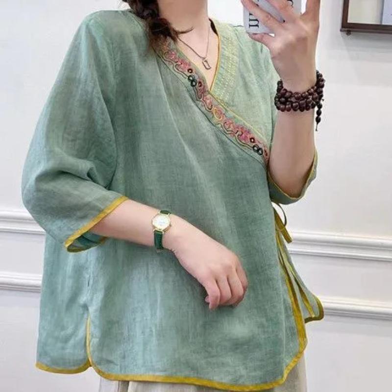 V Neck Chinese Style Embroidered Linen Short Sleeved T Shirt Women's Summer Tie Loose Tea Jacket
