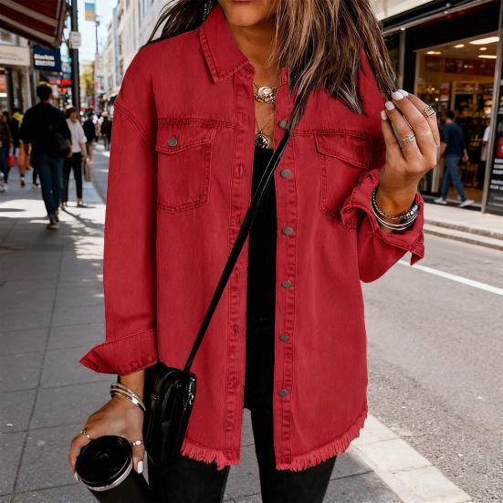 Women's Oversized Denim Jacket Button Up Distressed Jean Jacket Long Sleeve Frayed Hem Shacket Casual Fall Outfits