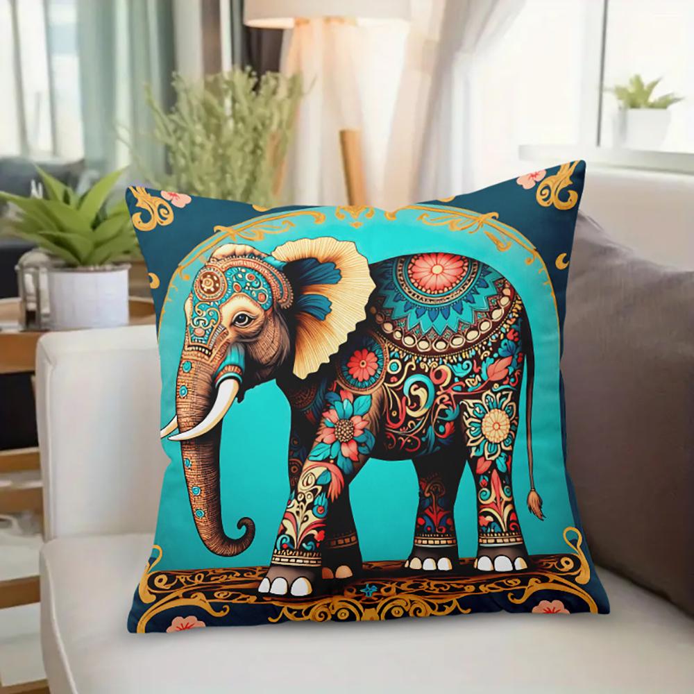 2D Flat- Bohemian Elephant Decorative Throw Pillow Cover Ethnic Style Floral Cushion Case For Home Sofa Bedroom