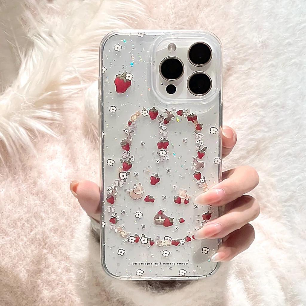 Broken flower strawberry rabbit for iPhone17/16pro mobile phone case Apple 15 glitter 14 soft case 12 fresh 13