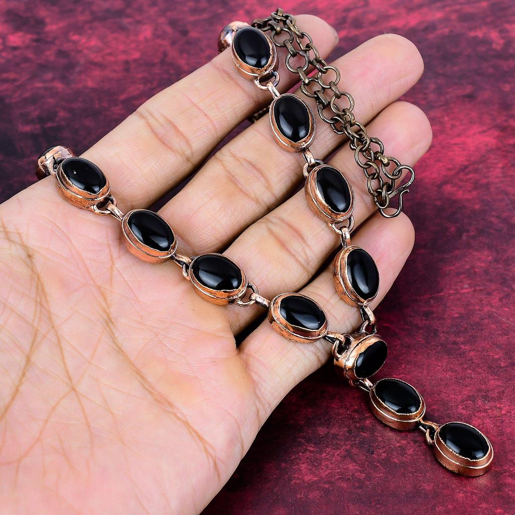 Black Onyx Real Gemstone Necklace Electroformed Copper Adjustable Chain Necklace