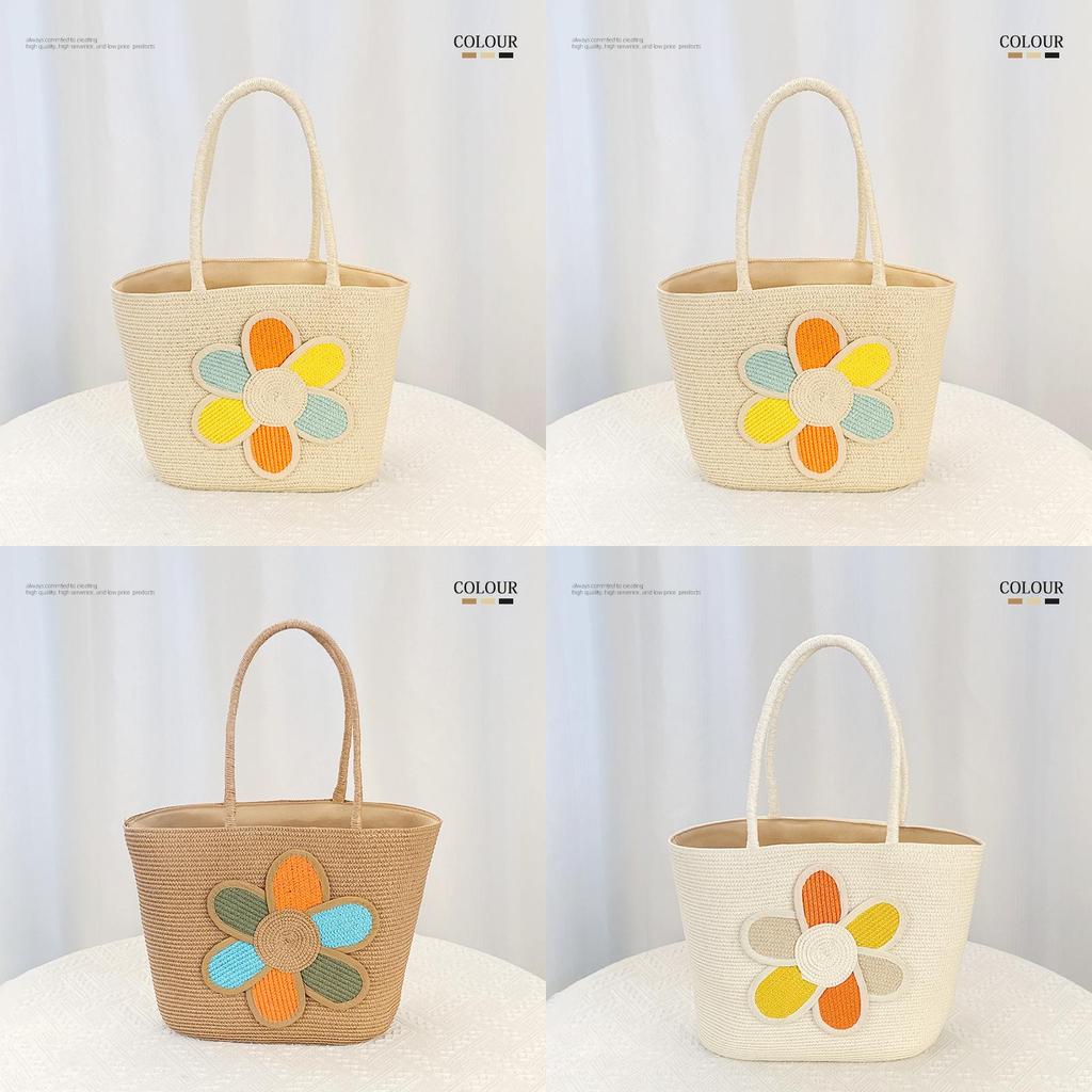 Simple Flower Color Blocked Pattern Women Large Capacity Woven Tote Bag For Summer Casual Use