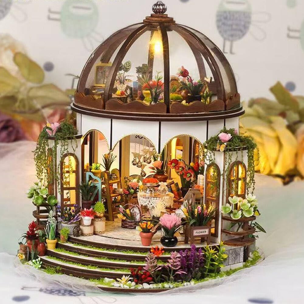 Moin Moin Dollhouse Miniature DIY Kit Set Scale Glass Dome Greenhouse Florist Garden Greenhouse Flowers Round LED Light 2508dh466 [English