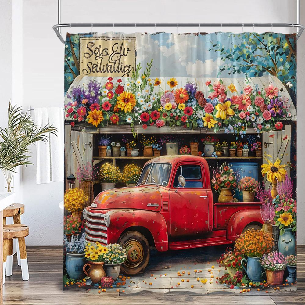 

Flower Shop Spring Shower Curtain Red Truck Blue Pickup Vintage Floral Bathroom Home Decor Polyester Bathtub Curtain with Hook 90x180cm-35x70in