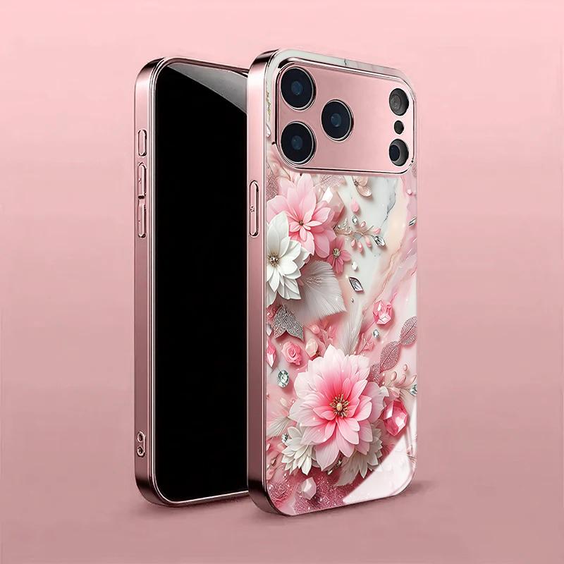 Pink Diamond Marble Flowers Tempered Glass Phone Case for iPhone 17 Pro Max 14 15 16 Plus 11 12 13 Pro Max 16E 17Air Hard Cover