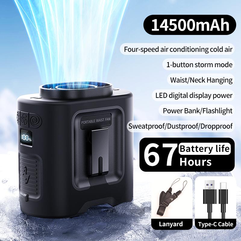 14500mAh Portable Waist Fan 360° Rotating Belt Clip Hanging Neck Fan Strong Wind with LED Digital Display for Outdoor Sports