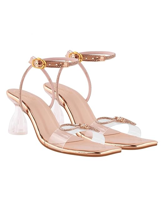 Shoetopia Damen Transparente Blockabsatz-Sandalen | Stilvolle Knöchelriemen-Partyschuhe mit Strass-Schleifen-Detail