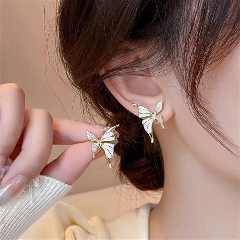 Enamel Butterfly White Color Animal Stud Earrings for Women New Trend Girl Korean Love Aesthetic Daily Life Minimalist Zircon
