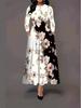 Elegant Plus Size Long Sleeve Printed Dress with Pockets and High Waist Hem