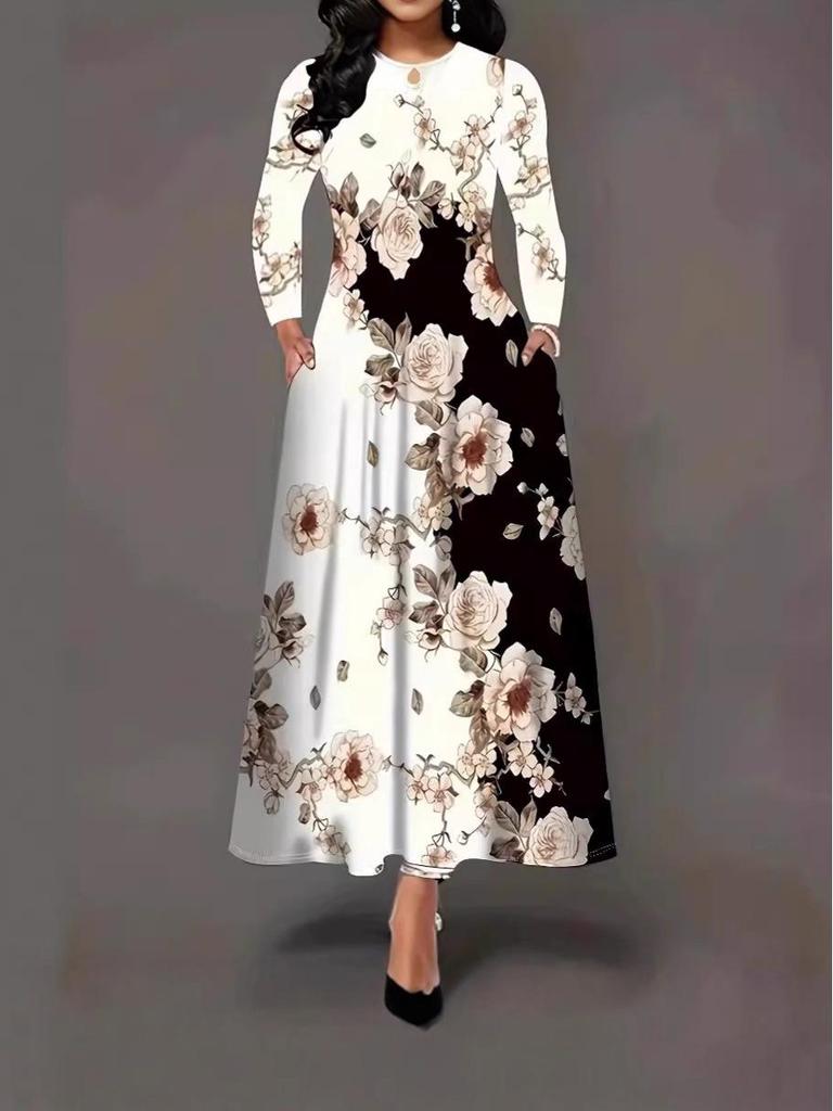 Elegant Plus Size Long Sleeve Printed Dress with Pockets and High Waist Hem