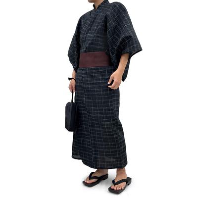 Kyoto Kimono Yuzen Men's 2-Piece Yukata Set, Shijira Weave, Black and Navy, with One-Touch Square Obi, Sizes M, L, and LL (Black, M)
