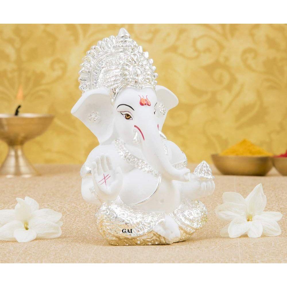 Silver Plated White Ganesha for Car Dashboard Home Decor Gifting Diwali Birthday Festivals 3.5 X 2 Inches