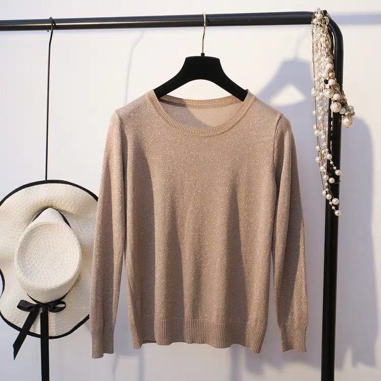 Shiny and Glittering Thin Sweater for Women Loose Knitted Sweater for Autumn Round-neck Pullover Long-sleeved Top