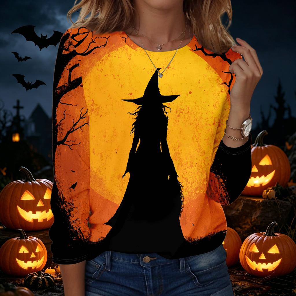 Women's Halloween Print Crew Neck Long Sleeve Pullover Sweatshirt Casual Fit Lightweight Top for Seasonal Wear