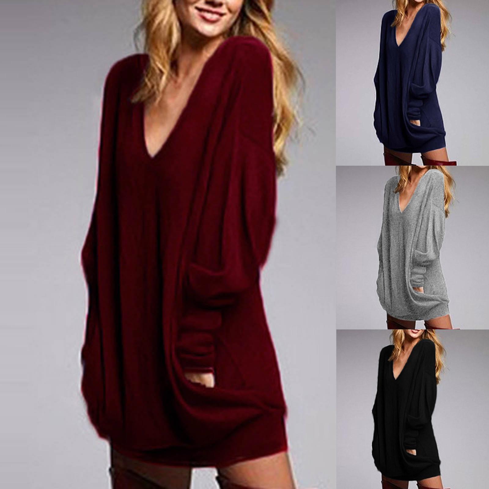 

Мода Женщины Повседневный Твердый Длинный рукав V-образный вырез Длинные топы Блузка Мини Платье