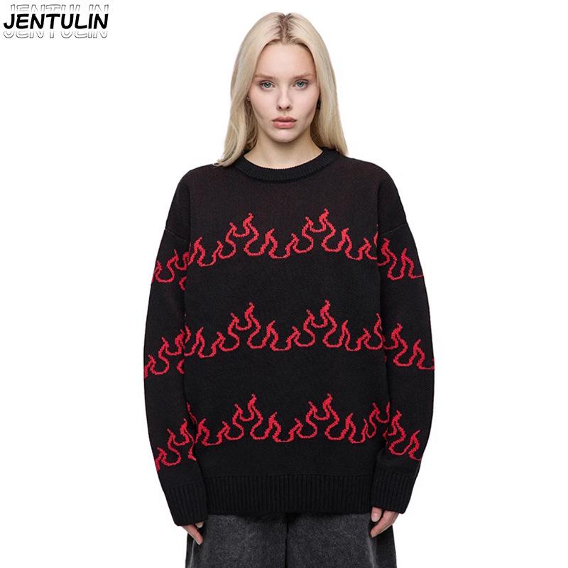 Cross New Flame Jacquard Harajuku Knit Sweater - Autumn/Winter Warm Punk Loose Round Neck Pullover