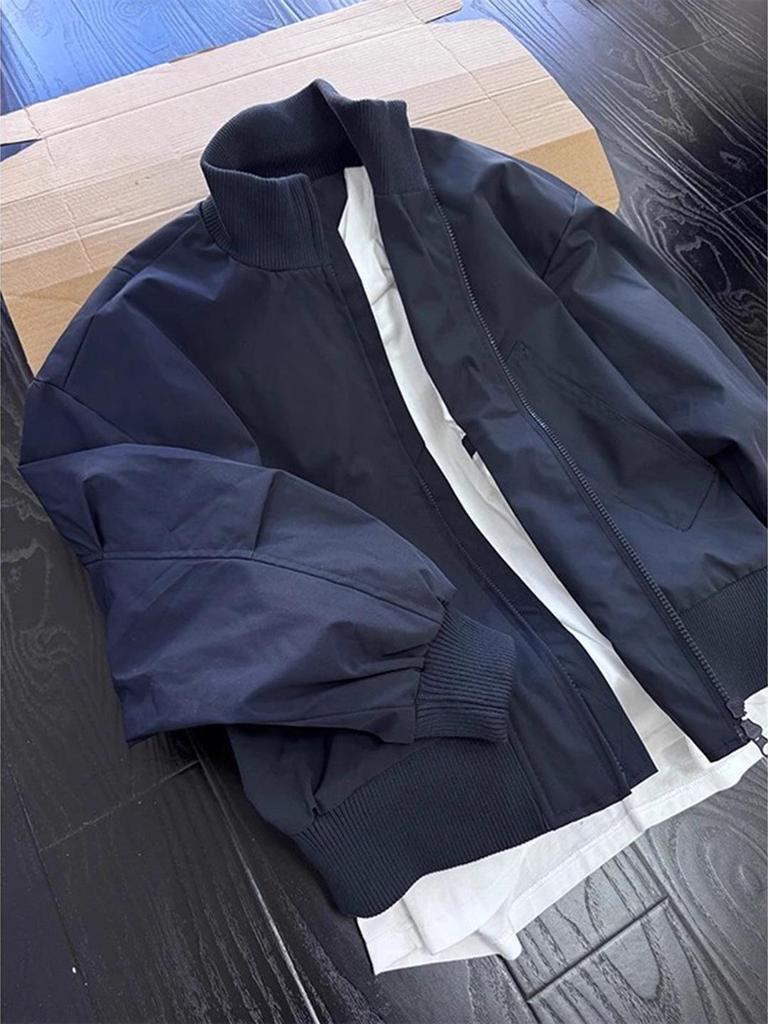 Męska Granatowa Kurtka Bomberka ze Stójką - Jesienny Styl High-Street, Unisex w Stylu Baseballowym.