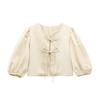 2025 Spring European & American Style Women's Satin Puff Sleeve Bow Top