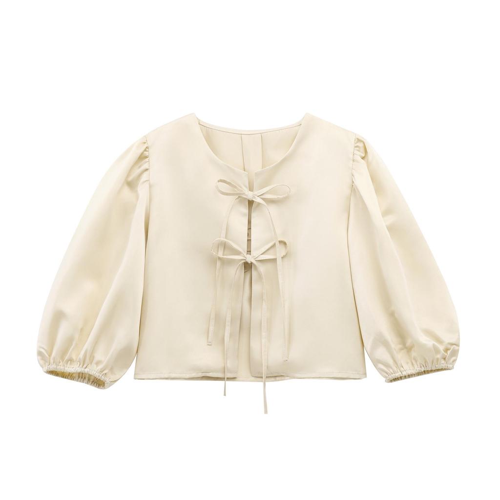 2025 Spring European & American Style Women's Satin Puff Sleeve Bow Top