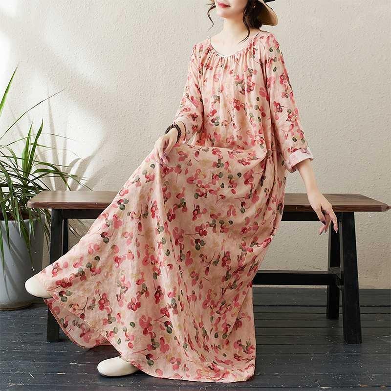 Round Neck Drawstring Loose Minimalist Long Sleeve Extra Long Dress Resort Style