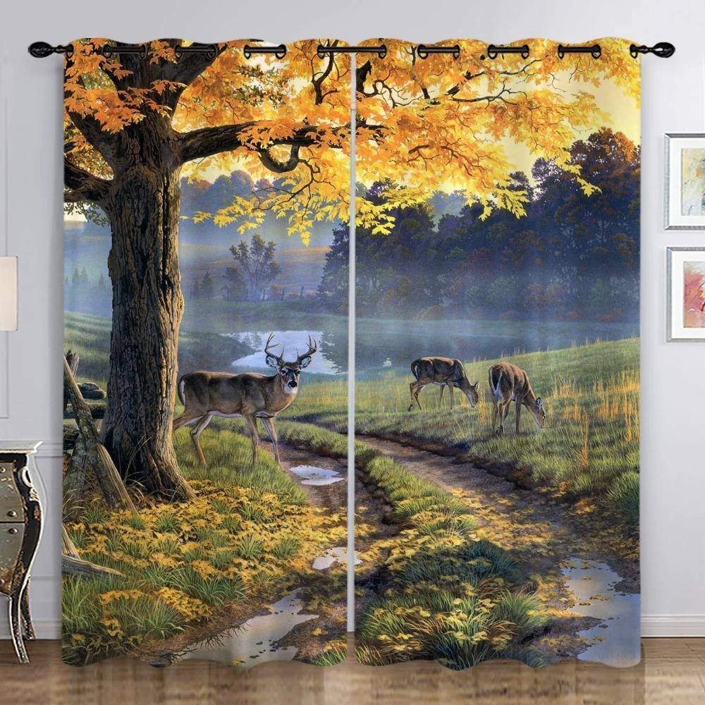 2PC Printed Perforated Drapes Bedroom Space Balcony Living Room Space Autumn Landscape Trees Fresh Green Forest Print Window Curtains