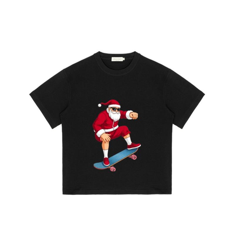 Weihnachtsmann Skateboard T-Shirt Schwarz Weihnachtsfeiertag Cartoon Druck Unisex Freizeitkleidung für Männer Frauen und Kinder