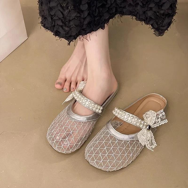 

Модные жемчужные туфли-баотоу с бантом для женщин на лето 2025 года, новые, удобные, мягкие, на плоской подошве, ленивые, сетчатые, с прохладной стелькой 35