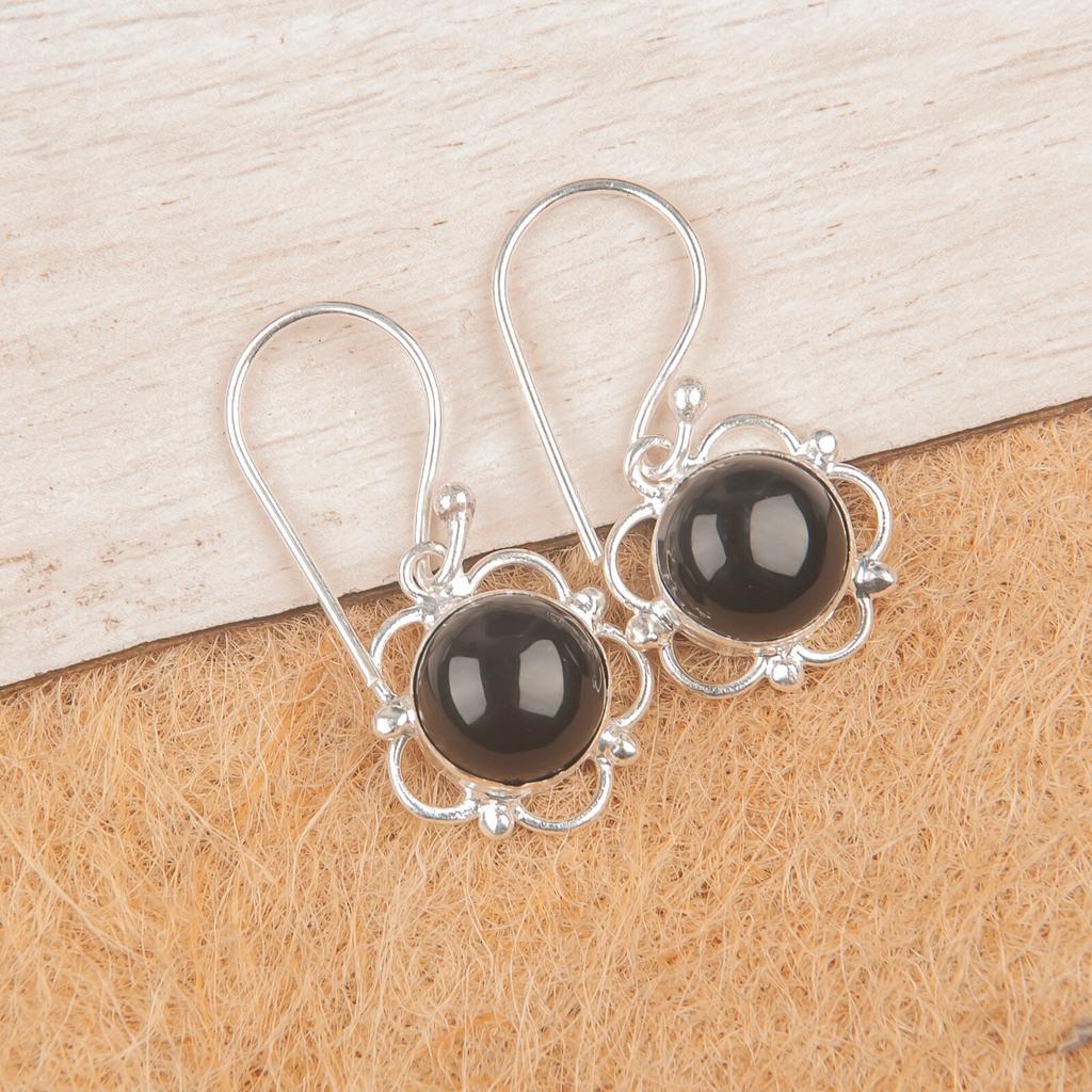 Natural Black Tourmaline Gemstone 925 Sterling Silver Jewelry Hook Earrings1.40" EE-56-20
