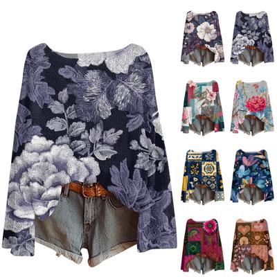 Damski lekki sweter casual z długim rękawem dzianinowy vintage z kwiatowym nadrukiem pulower