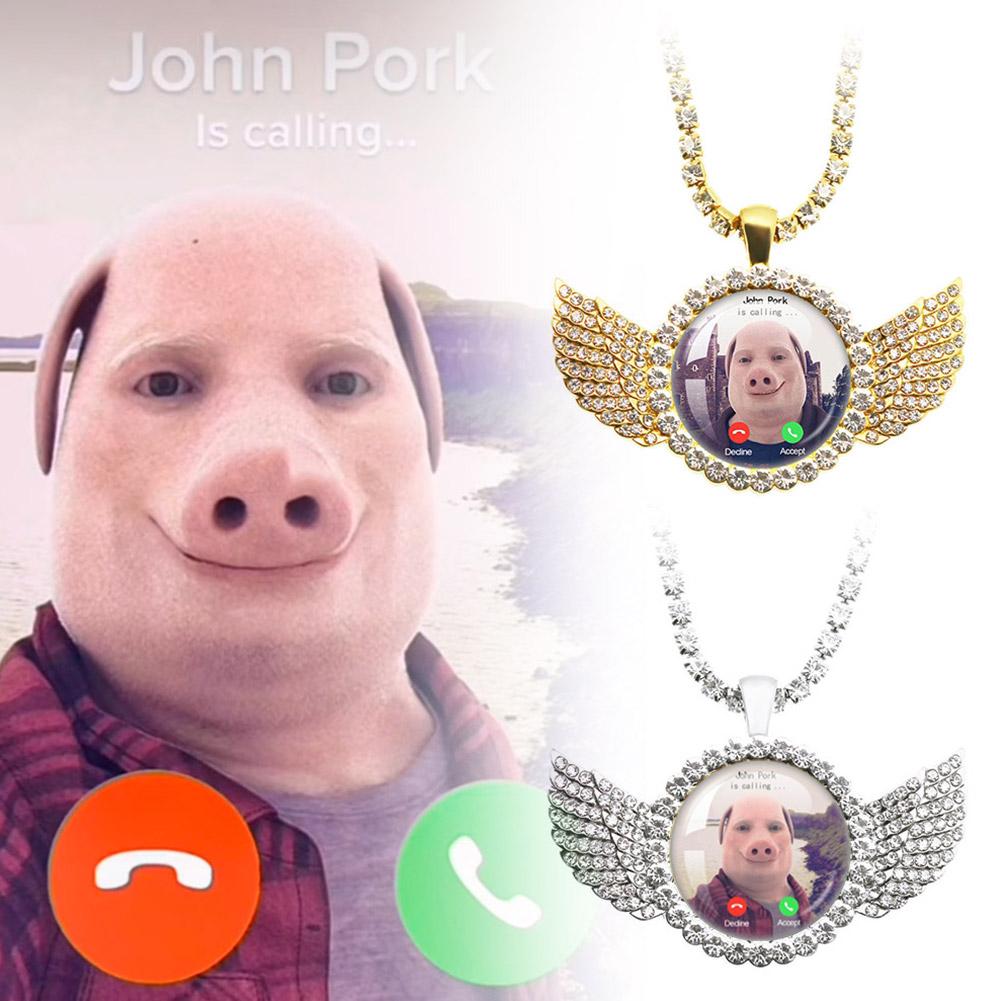 For John Pork Is Calling Funny Pig Necklace Lover Graphic The Moon Answer Call Phone Humor Angel Wings Pendant Necklace Jewelry