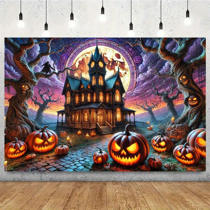 Background banner 1 piece dreamy scene background fabric wall decoration for haunted house and glowing pumpkin lanterns