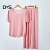 2 sztuki/zestaw Letnia piżama Zestaw O-Neck Krótki rękaw T-shirt Elastyczny pas Długie spodnie Zestaw Jedwab lodowy Jednolity kolor Piżamy